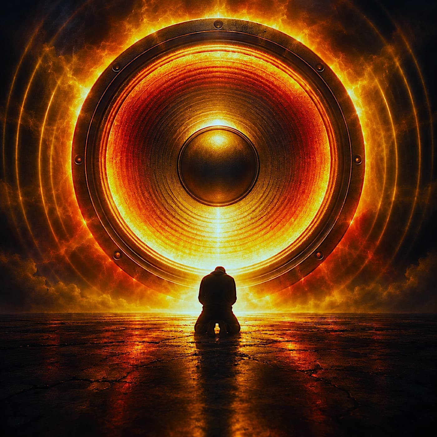 Awe cover art: a lone figure kneels in silhouette before a colossal speaker cone that blazes like a sun, rings of fire and sound radiating out across a dark, cracked plain