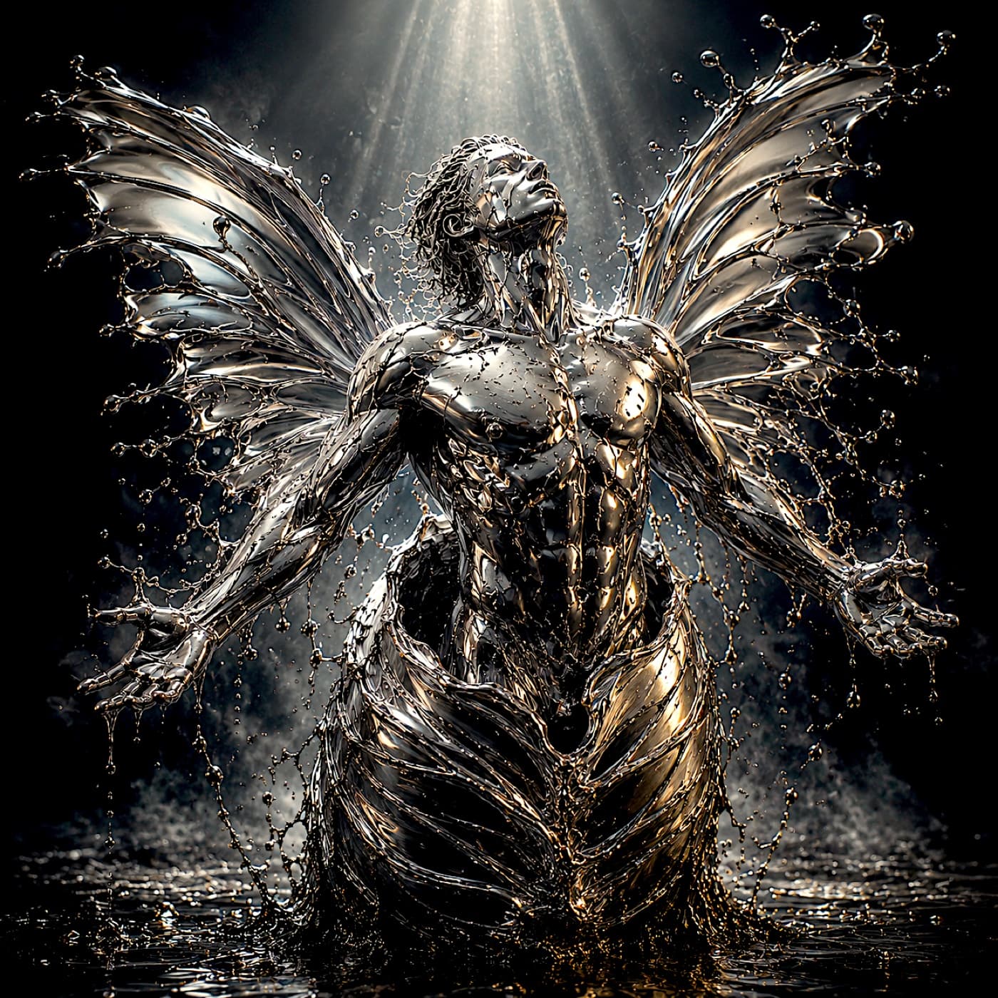 Metamorphosis cover art: a chrome figure with liquid-metal butterfly wings emerging from a metallic chrysalis under a shaft of light