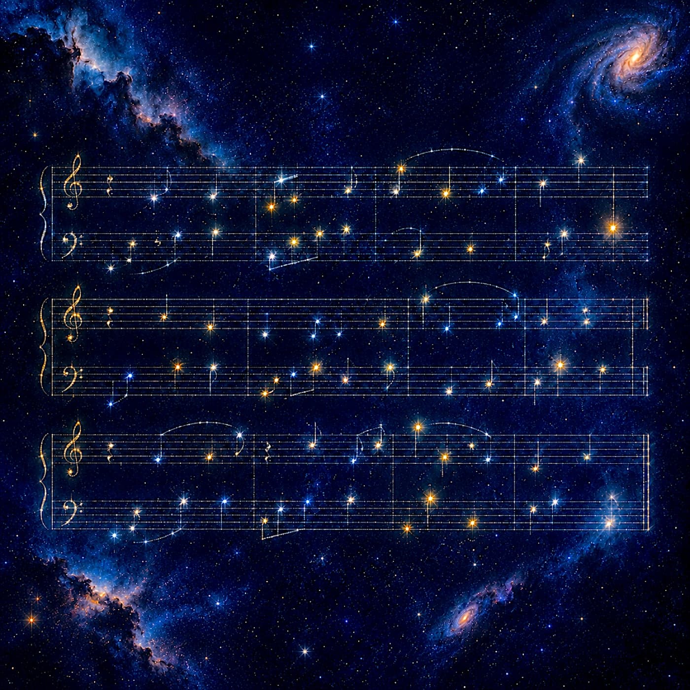 Perfect Sense cover art: constellations forming three staves of glowing sheet music across a deep blue night sky, with nebulae and spiral galaxies in the corners